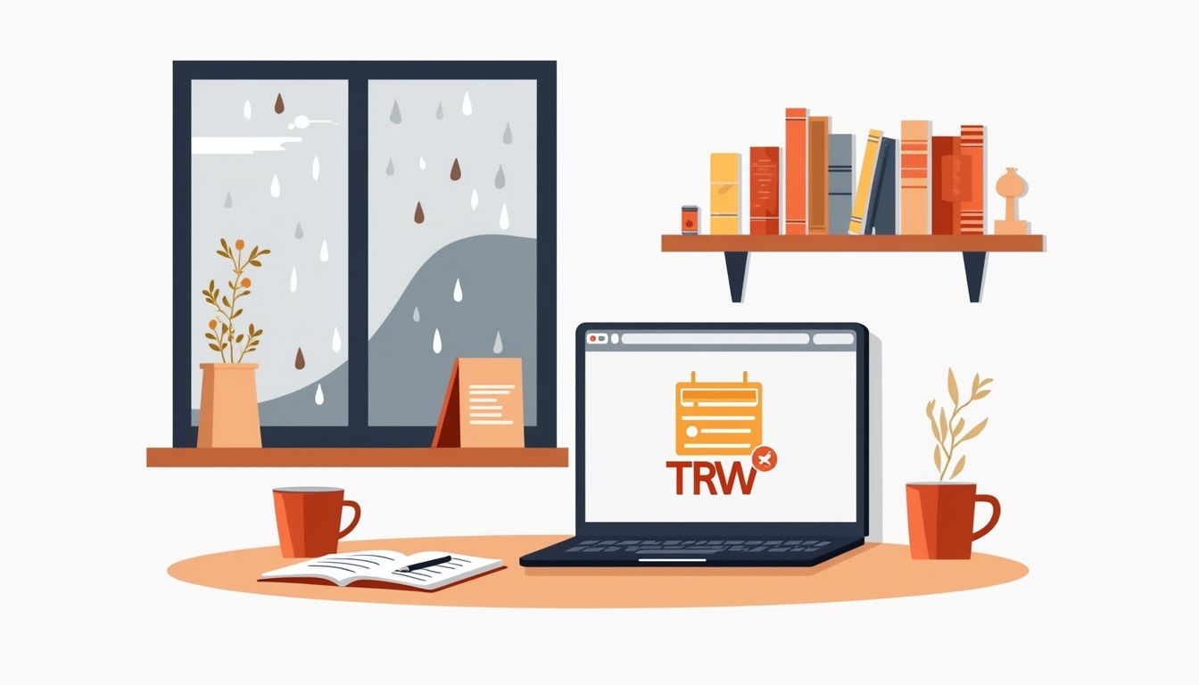Minimalist workspace illustration featuring a laptop, notes, and coffee cup.