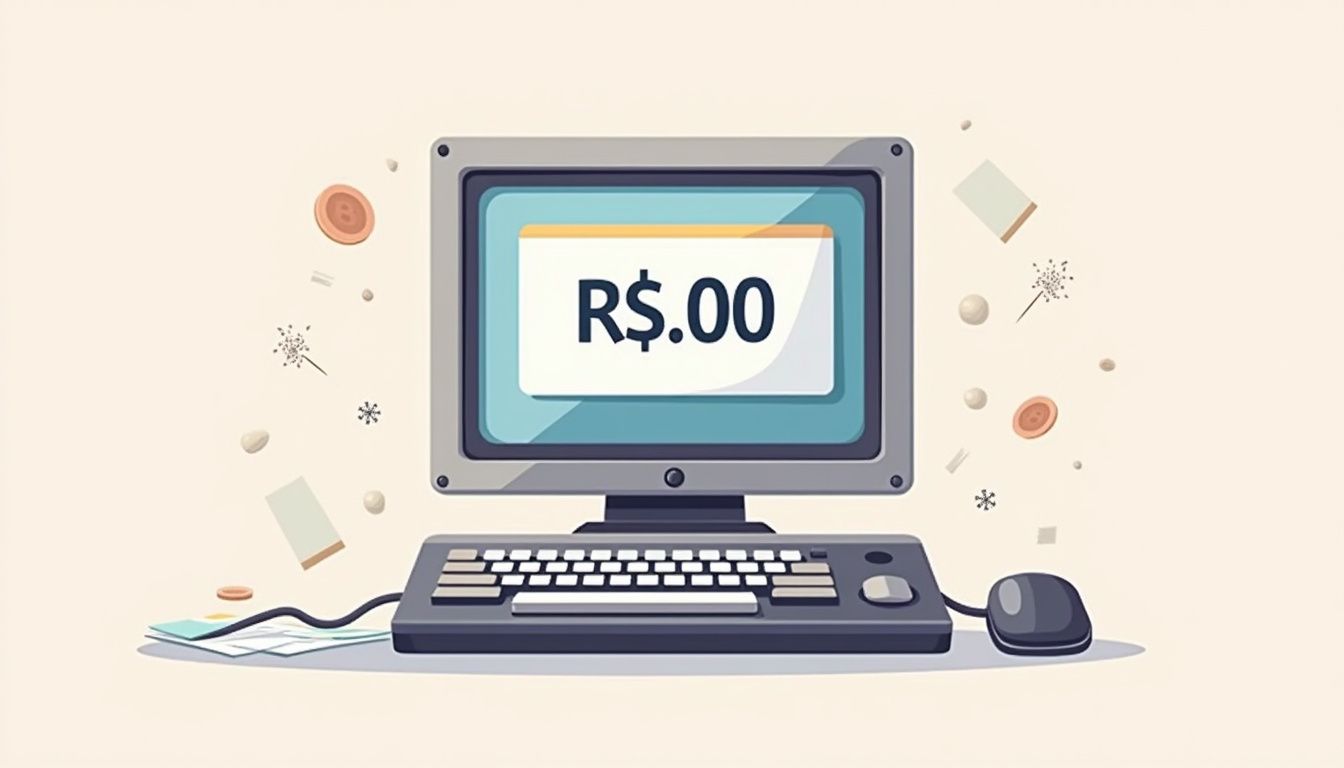 Minimalist flat vector of an old desktop computer displaying 'R$0.00.'