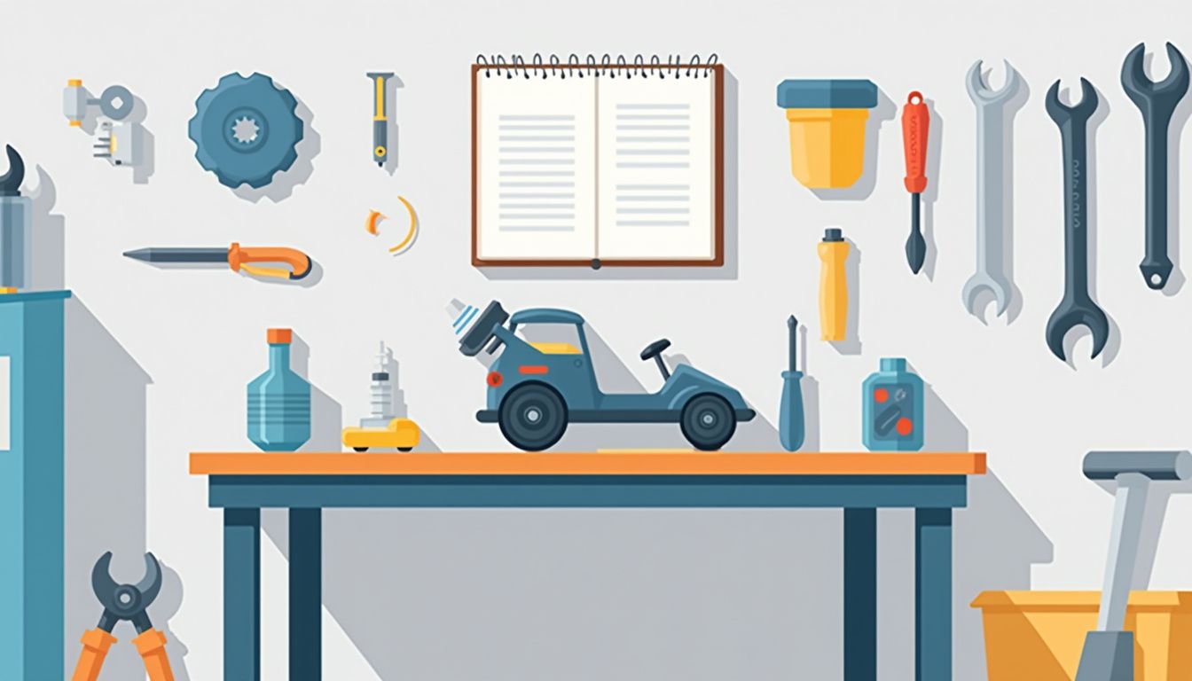 Minimalist vector illustration of a cluttered garage workbench with tools.