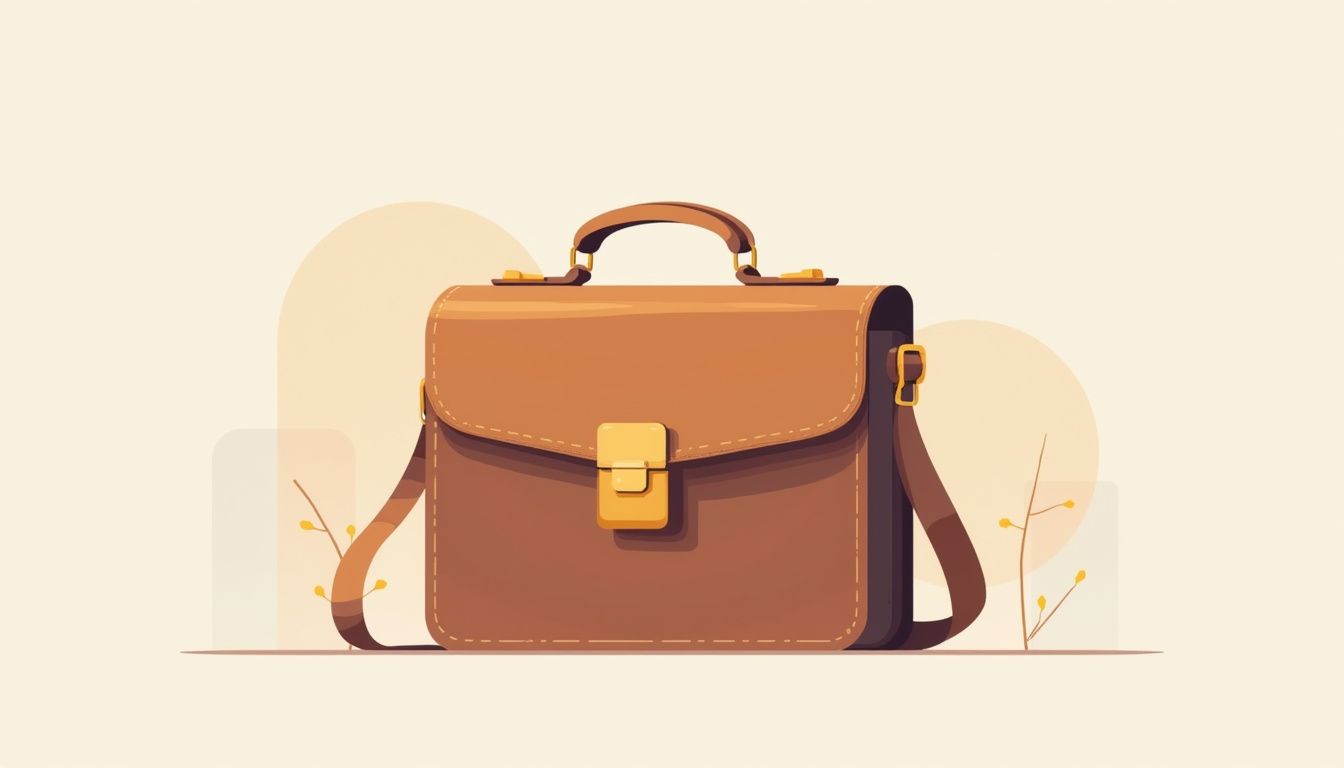 Minimalist flat design illustration of a worn leather briefcase.