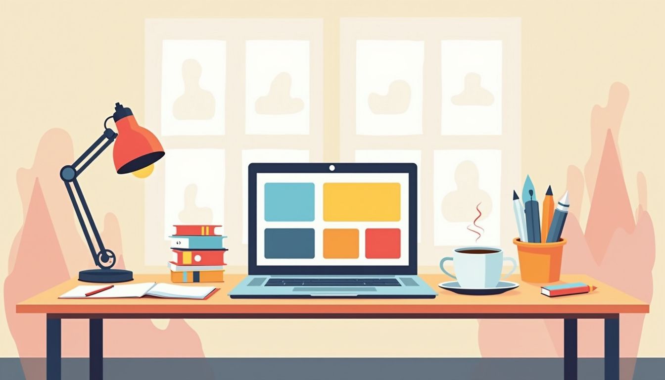 Minimalist home office with a laptop, stationery, and coffee.