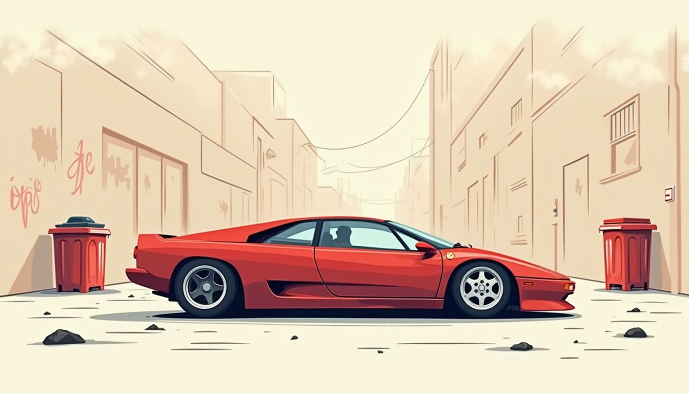Flat vector illustration of a sleek sports car in a minimalist alley.