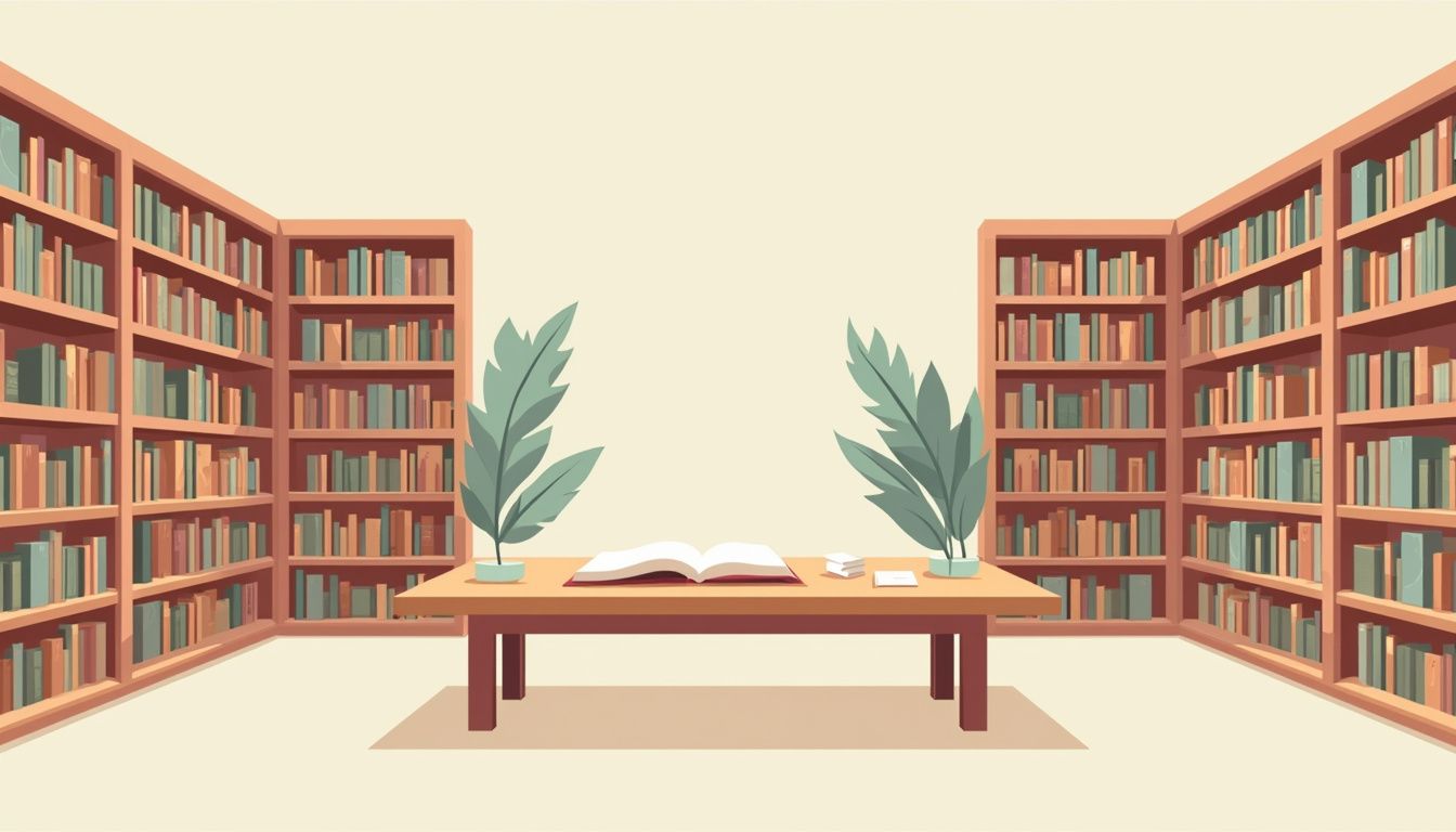 Flat illustration of an old library interior with minimalist design elements.