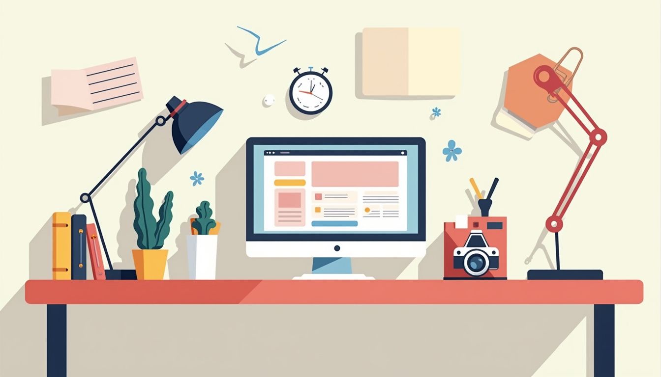Minimalist vector illustration of a cluttered yet organized desk workspace.