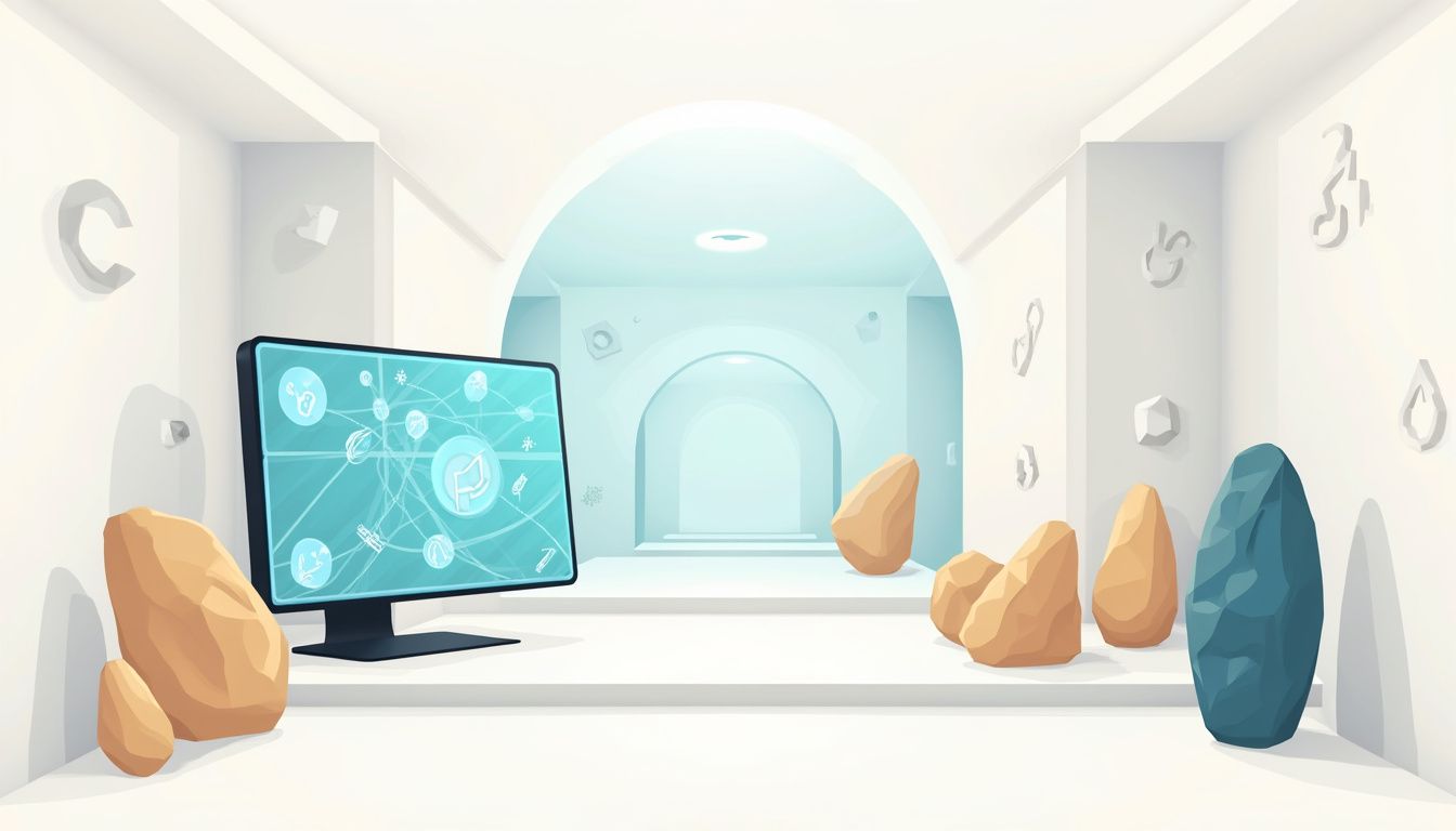 Minimalist room blending futuristic tech with ancient artifacts in a clean design.