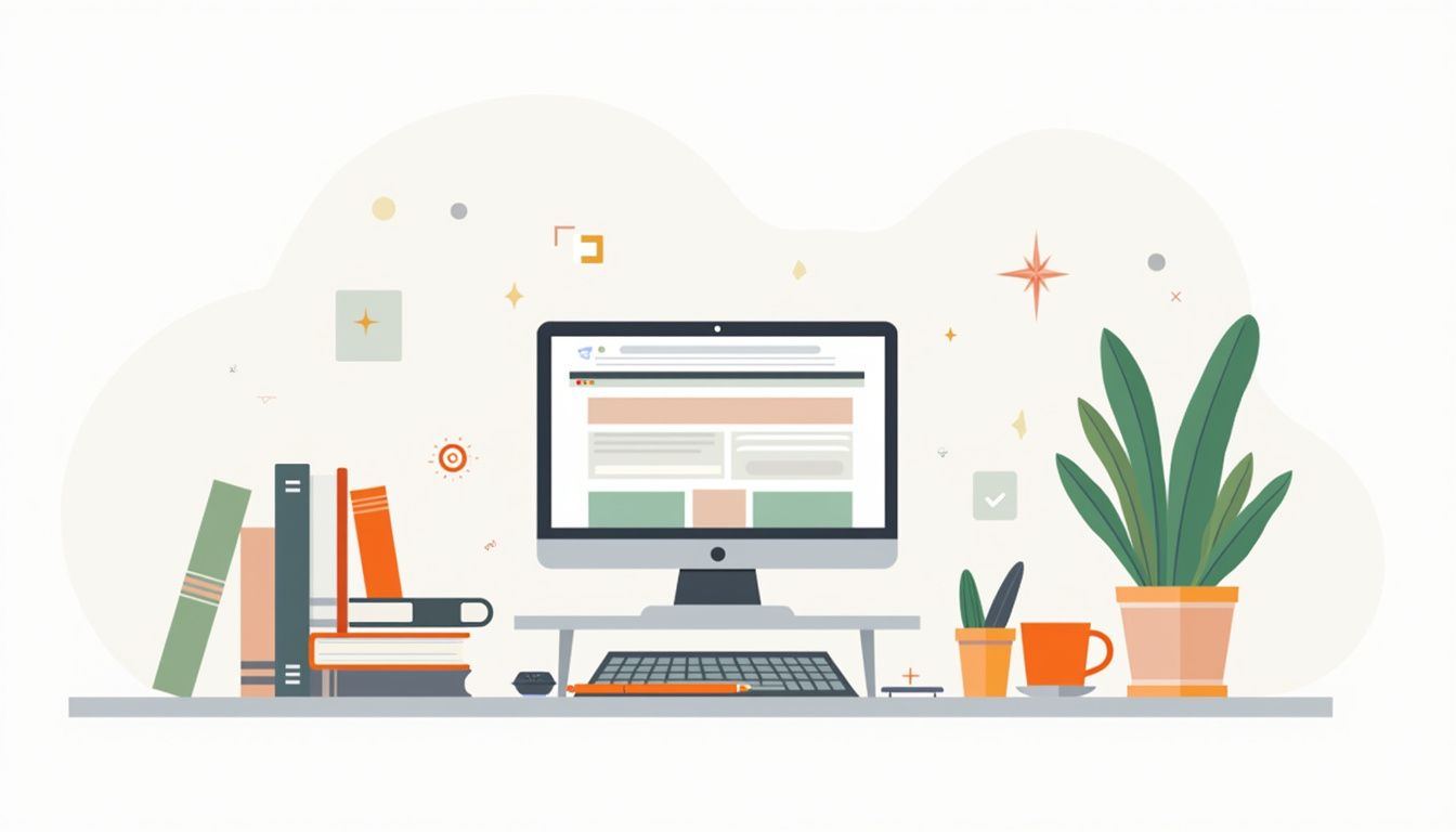 Minimalist home office scene featuring geometric desk elements and colorful accents.