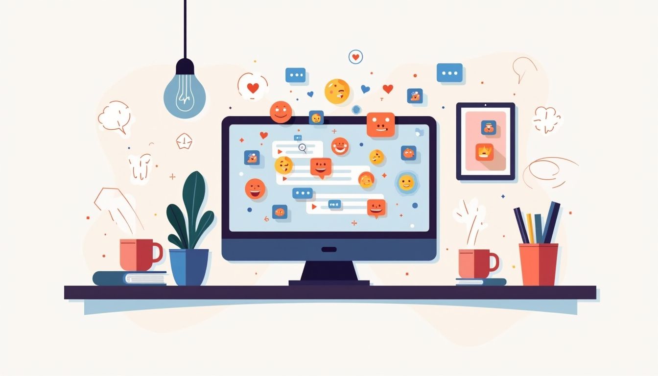 Flat illustration of a busy chat interface on a minimalist desk.