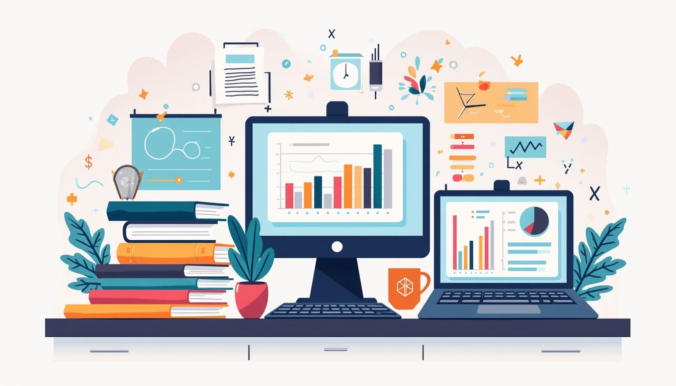 Minimalist flat vector illustration of a cluttered office desk scene.