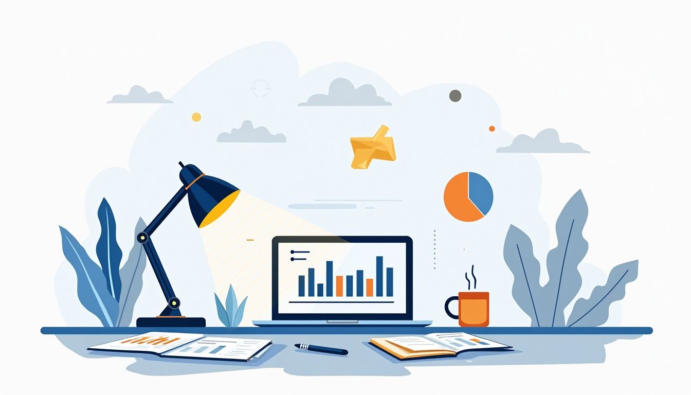Minimalist desk scene with trading charts, laptop, and coffee cup.