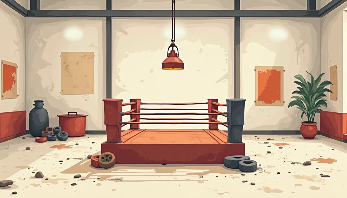 Minimalist vector illustration of an aged kickboxing gym scene.