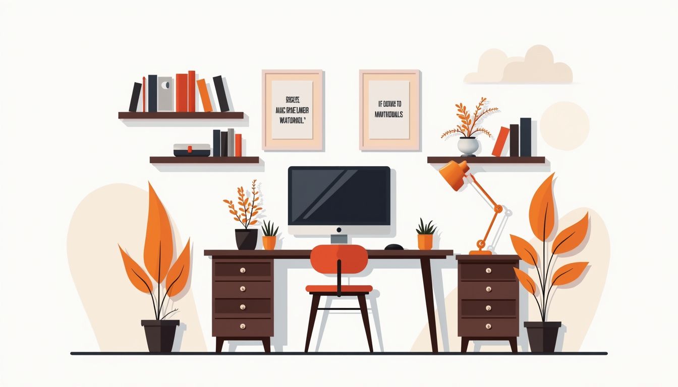 Modern minimalist home office with organized desk and inspirational decor.