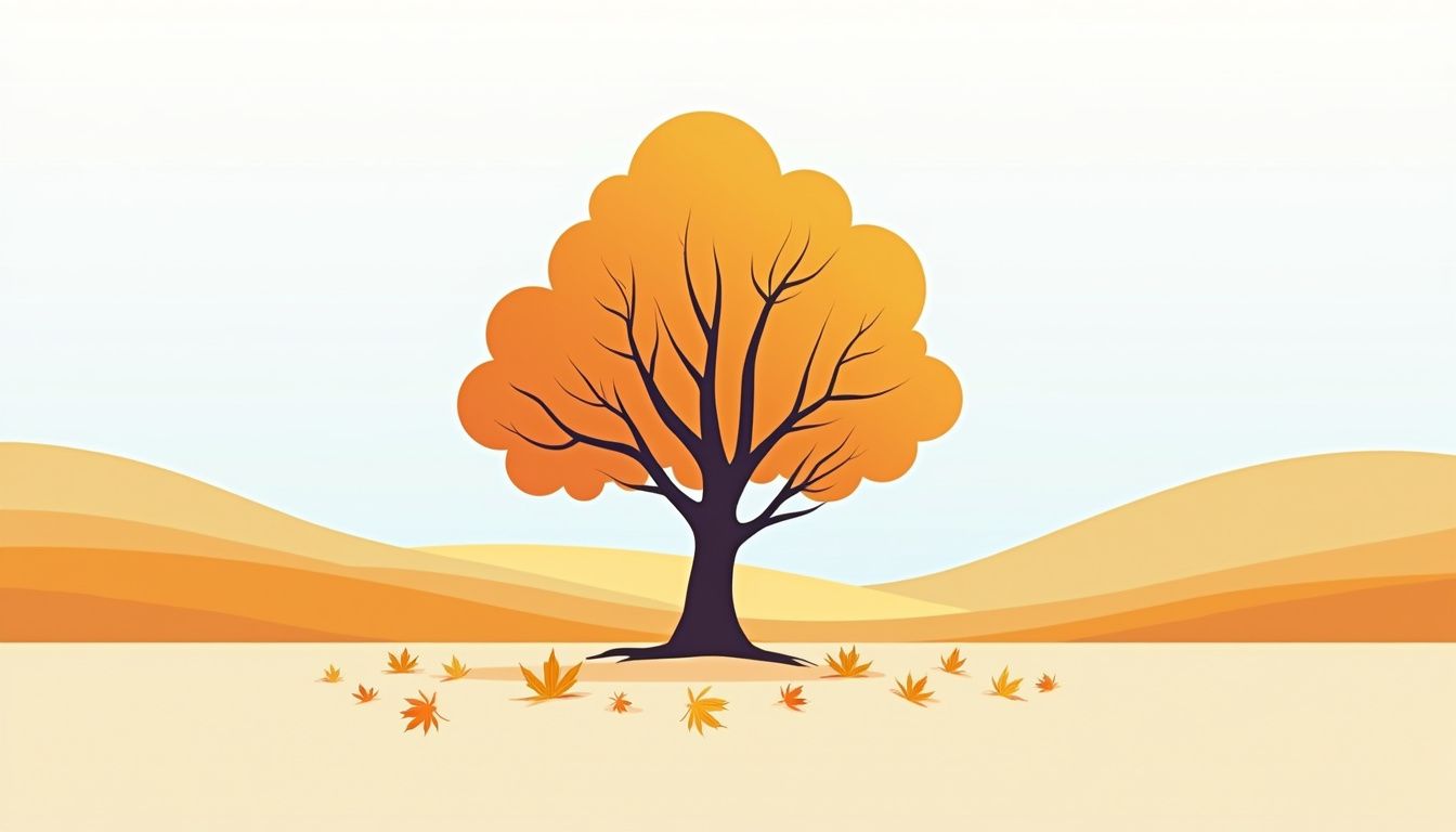 Minimalist flat design of an oak tree in an open field.