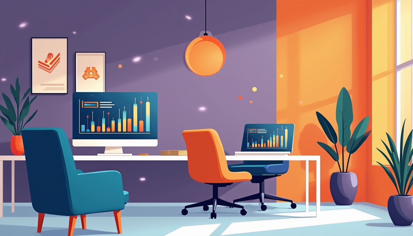 Minimalist modern office illustration with vibrant financial displays and furniture.
